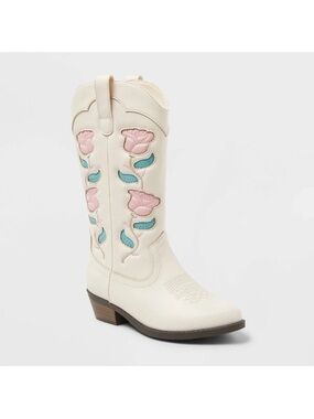 art class Cream Western Boot with Pink Floral and Teal Leaves
